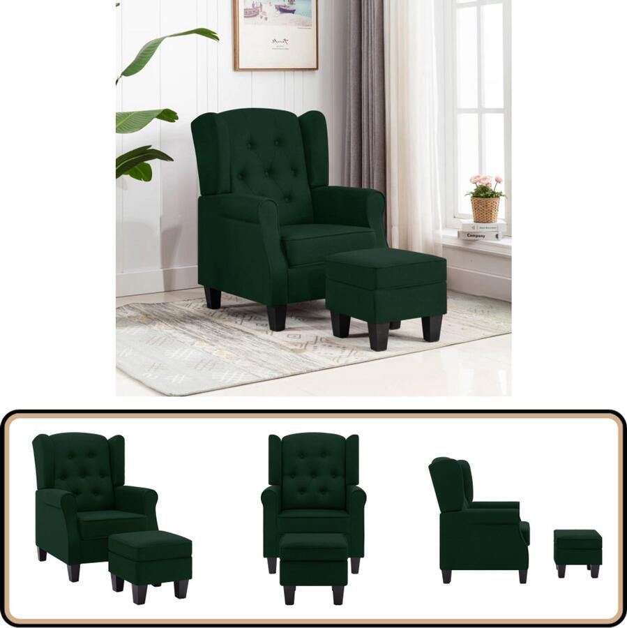 VidaXL Fauteuil met voetenbank Stof Donkergroen Loungestok Fauteuils Lounge Stoel Donkergroene Bank Tuinlounge