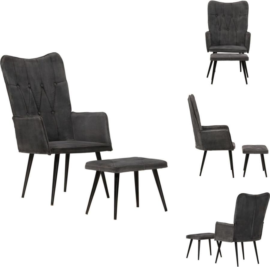 VidaXL Fauteuil met voetenbank vintage stijl canvas zwart - Foto 2