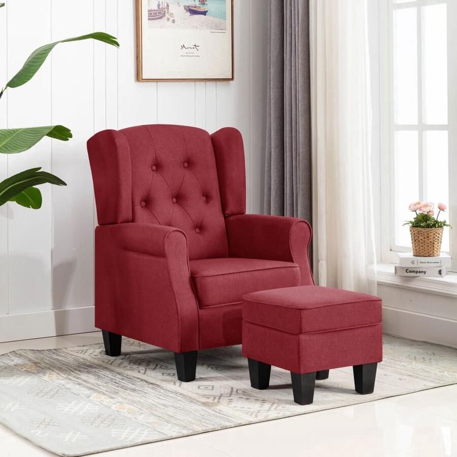 VidaXL Fauteuil met voetenbank Wijnrood Loungestool Fauteuil Lounge Stoel Relaxstoel Eetkamerstoel Woonkamerstoel Rood Wijnrood Velours - Foto 2