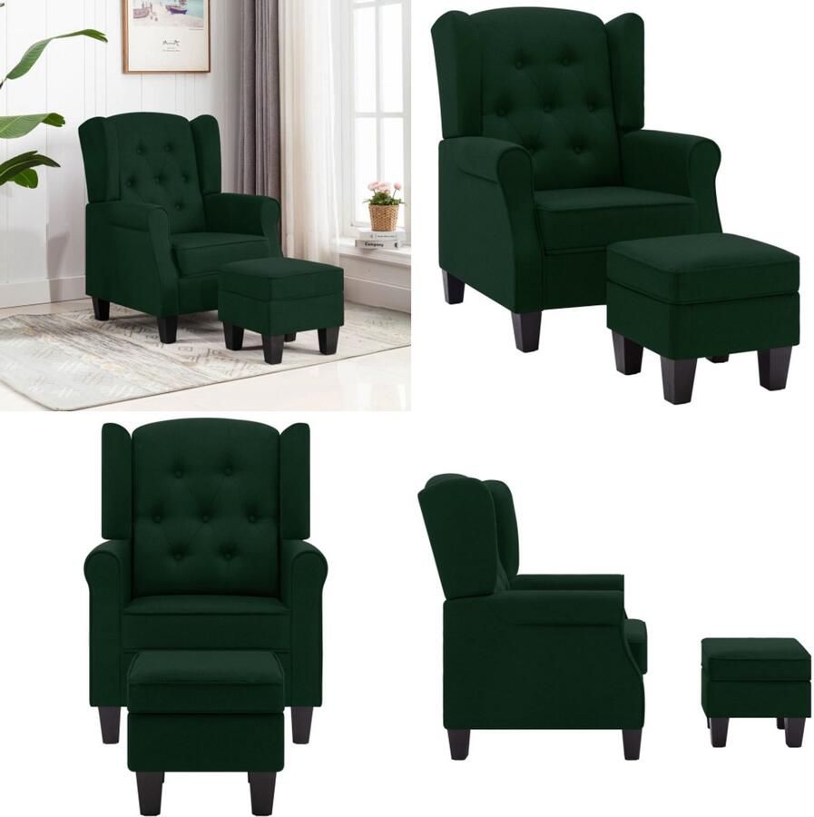VidaXL Fauteuil met voetenbankje stof donkergroen Armstoel Armstoelen Armstoel Met Voetenbank Armstoelen Met Voetenbanken