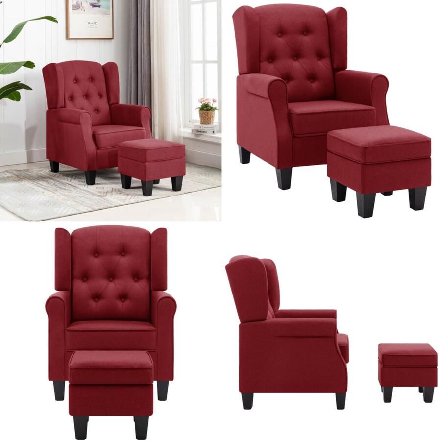 VidaXL Fauteuil met voetenbankje stof wijnrood Armstoel Armstoelen Armstoel Met Voetenbank Armstoelen Met Voetenbanken - Foto 2
