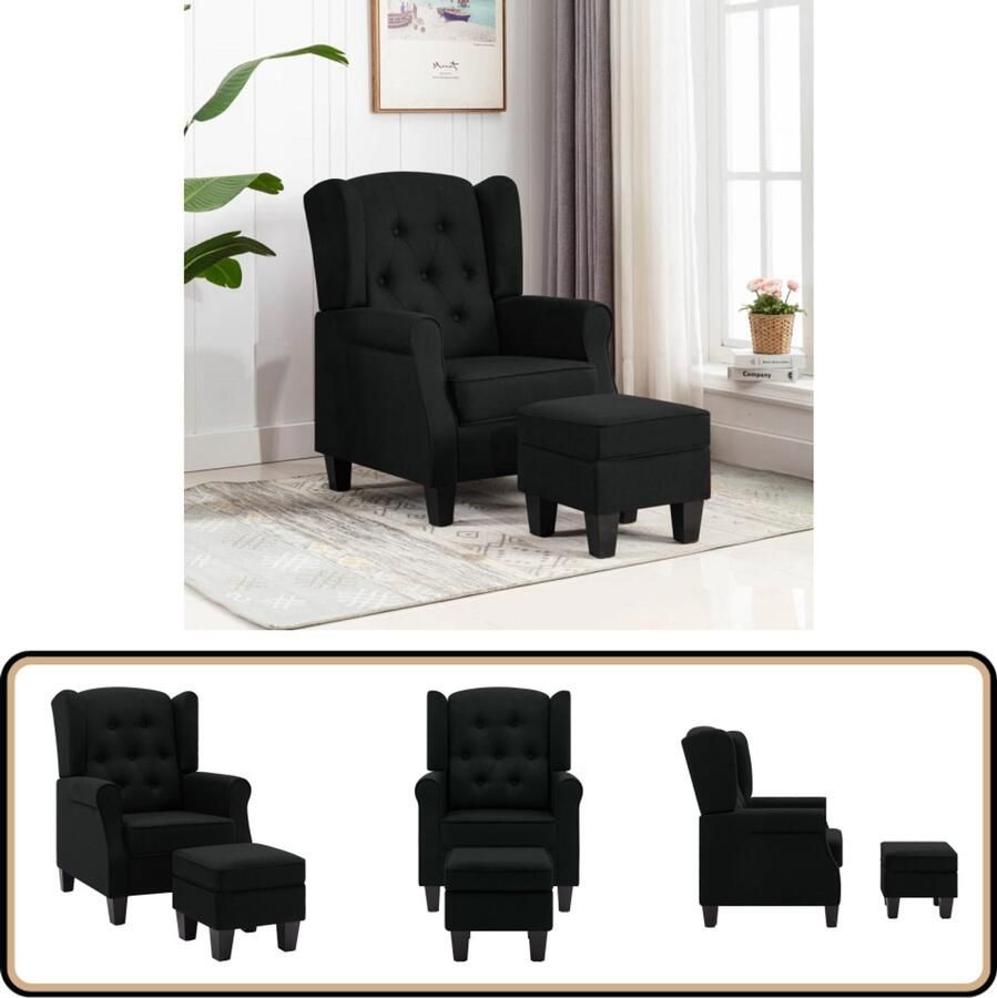 VidaXL Fauteuil met voetenbankje Zwart Stof Lounge Stoel Fauteuils Lounge Fauteuil Modern Zwarte Fauteuil Eetkamerstoel