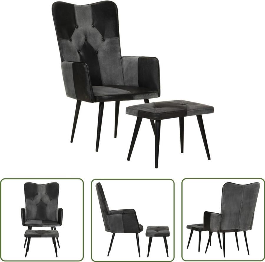 VidaXL Fauteuil met voetensteun Echt leer Zwart Fauteuil Lederen Lounge Stoel Fauteuils Zwarte Design Fauteuil Leren Stoelen Lounge Meubels Zitzakken