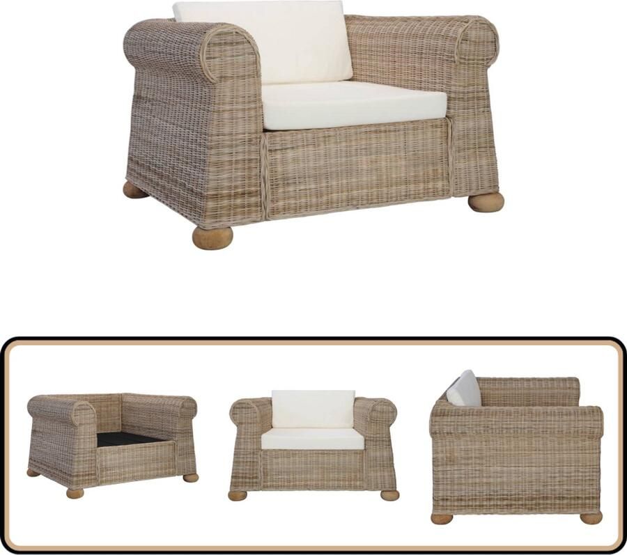 VidaXL Fauteuil Natuurlijk Rattan Inclusief Kussens Rattan Fauteuil Binnen Design Fauteuil Lounge Stoel Comfortstoel Relaxfauteuil