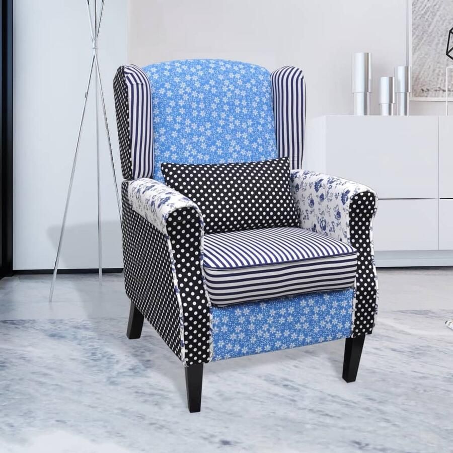 VidaXL Fauteuil Patchwork Stof Blauw Grijs Fauteuil Landelijk Fauteuiltje Vintage Stoelen Lounge Meubels Livingroom Kamerdecoratie - Foto 2