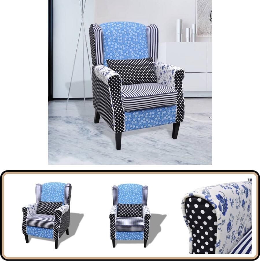 VidaXL Fauteuil Patchwork Stof Blauw Grijs Fauteuil Landelijk Fauteuiltje Vintage Stoelen Lounge Meubels Livingroom Kamerdecoratie