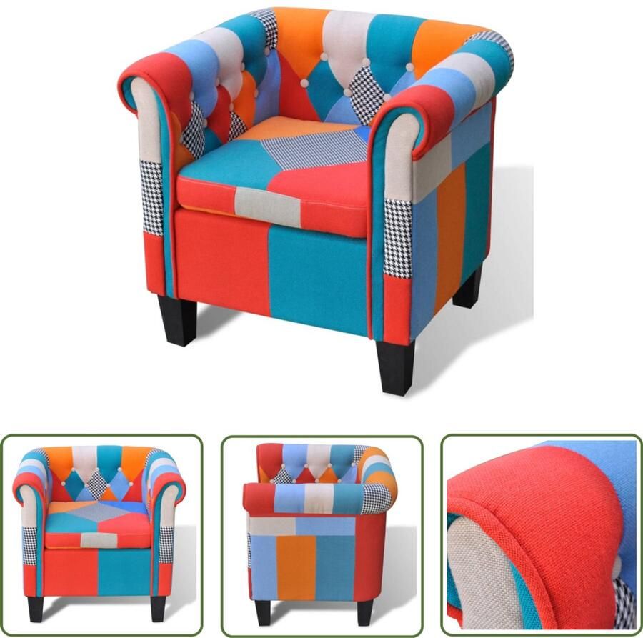 VidaXL Fauteuil Patchwork Stof Meerkleurig Fauteuil Patchwork Multikleuren Comfort Relaxen Interieurdecoratie Woonkamer Slaapkamer Leesstoel Gezellig Trendy Modern