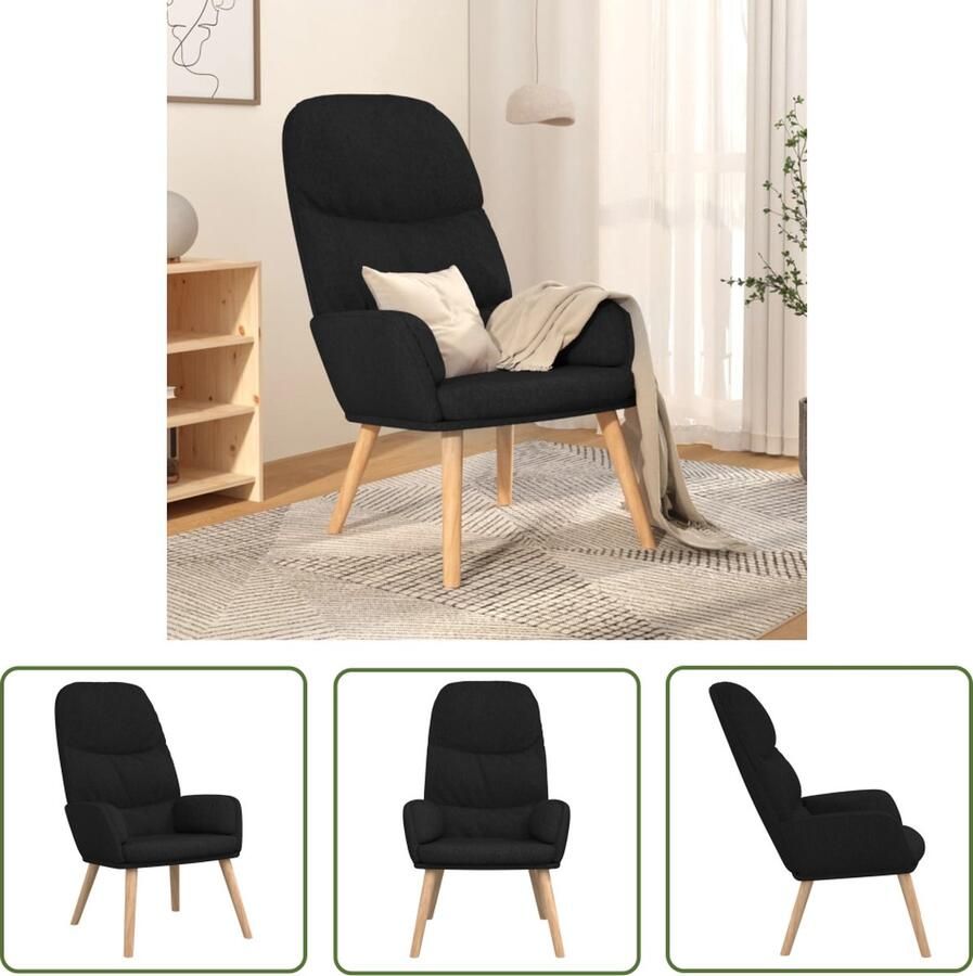 The Living Store Fauteuil Relaxstoel Zwart 70x77x98 cm Dik gevoerd Zacht stof Metalen frame Rubberwood poten Relaxstoel Fauteuill Zwarte Stoffen Meubels Zwarte Lounge Stoel Loungestoel