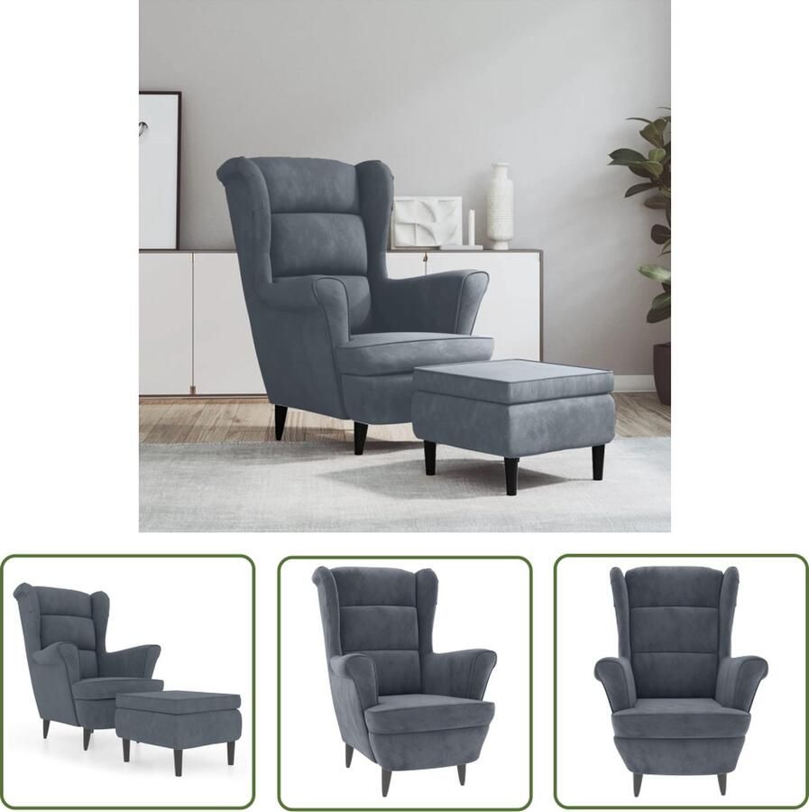 The Living Store Fauteuil met voetenbank fluweel donkergrijs Relaxfauteuil Fauteuils Grijs Lounge Stoel Velvet Fauteuil Design Stoel - Foto 2