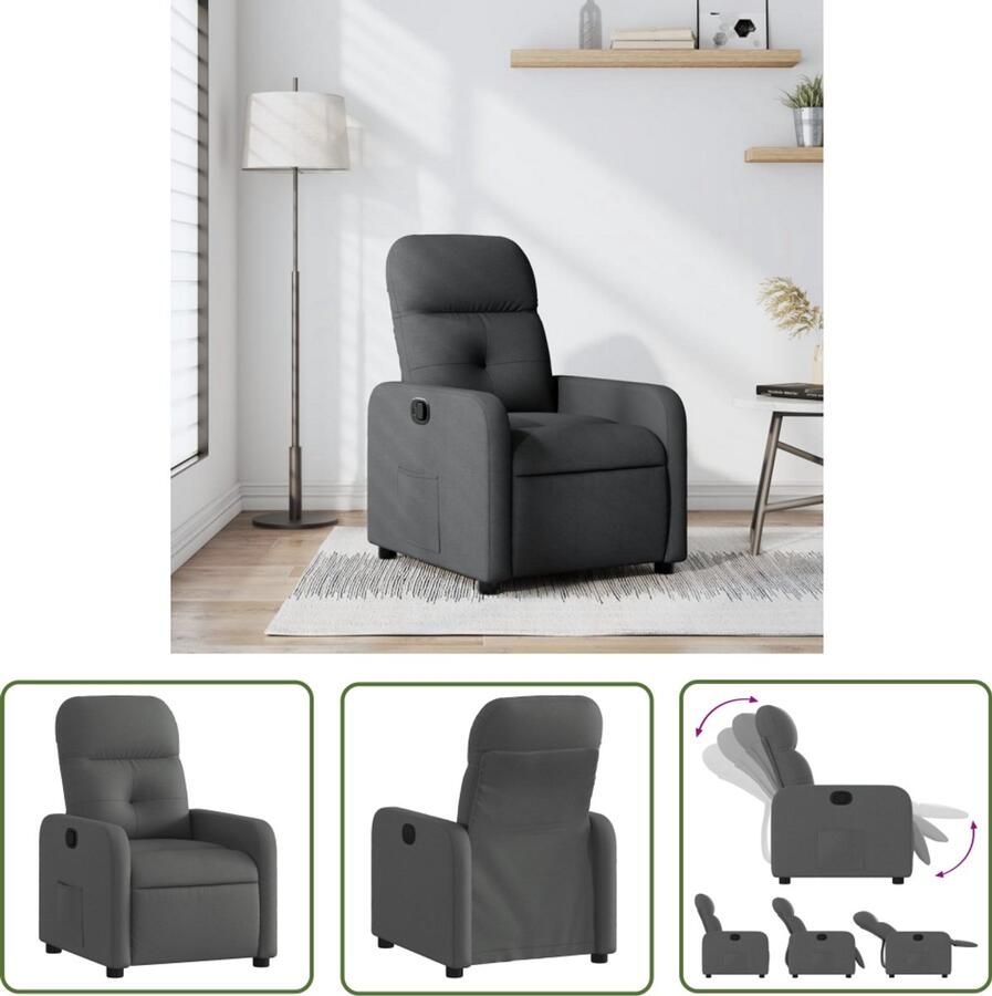 The Living Store Fauteuil verstelbaar stof donkergrijs Verstelbare Fauteuil Fauteuils Lounge Stoel Relaxfauteuil Donkere Grijze Fauteuil