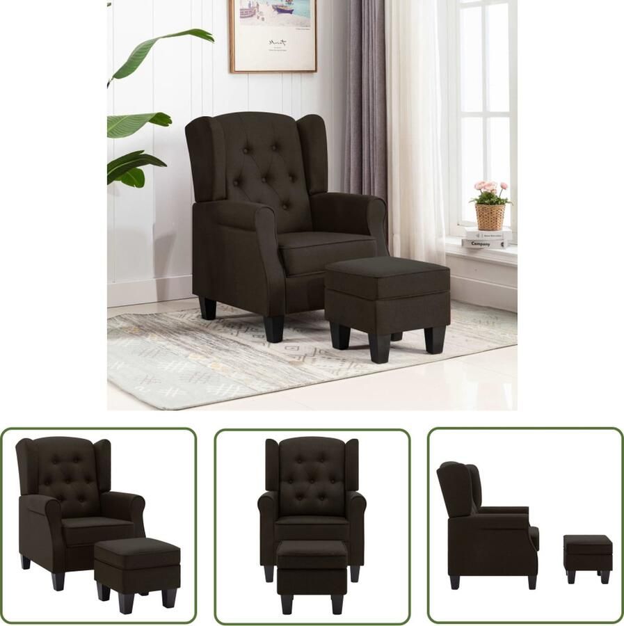 The Living Store Lounge fauteuil Armstoel + Voetenbank Donkerbruin stof 68x78x94cm Stabiel houten frame Lounge Fauteuil Fauteuils Fauteuil Bruin Lounge Bank Relaxfauteuil - Foto 2