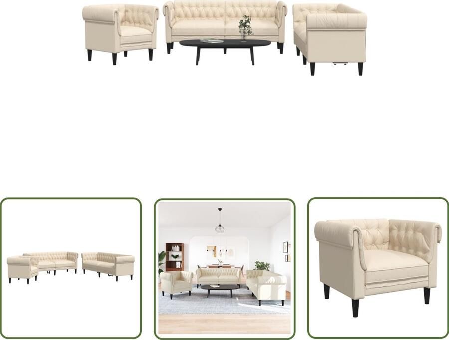 The Living Store 3-delige Loungeset stof crèmekleurig Loungebank Fauteuils Zitzitting Creme Kleur Stoffen Bank