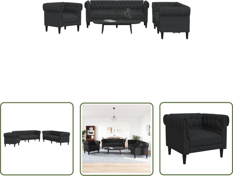 The Living Store 3-delige Loungeset stof zwart Loungebank Fauteuils Bankstellen Woonkamer Meubels Zwarte Bank