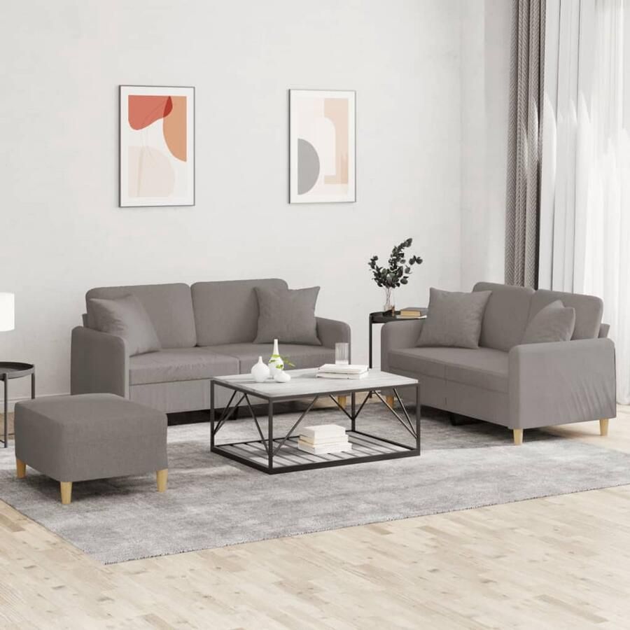 The Living Store 3-delige Loungeset met kussens stof taupe Loungeset Fauteuils Sofa Relaxfauteuil Woonkamer Meubels