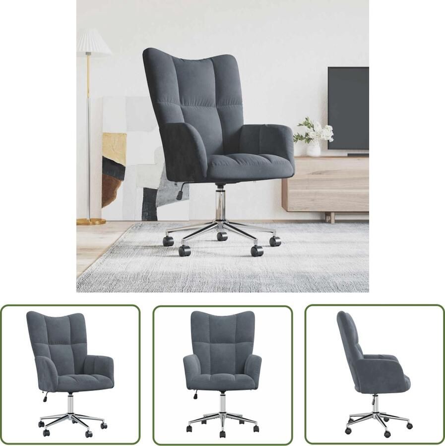 The Living Store Relaxstoel Bureaustoel Donkergrijs 61.5 x 69 x (94.5 102) cm Fluweel en staal Relaxstoel Fauteuils Ergonomische Stoel Lounge Stoel Bureaustoel - Foto 2