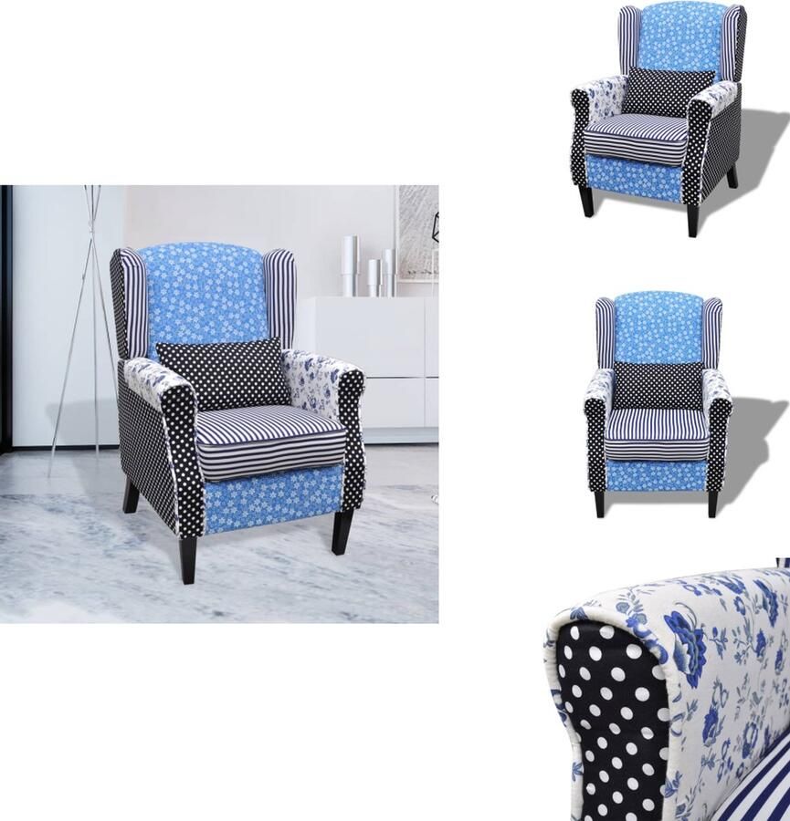 VidaXL Fauteuil Landelijk Blauw Wit Patchwork 68x73x101 cm Houten frame Fauteuil