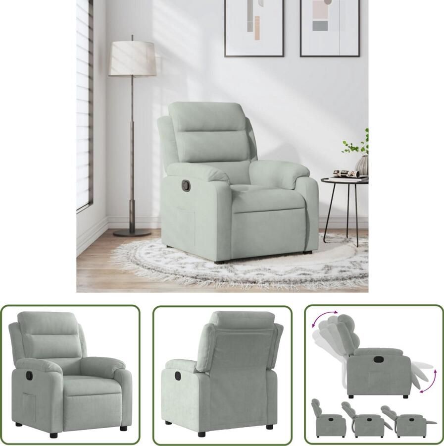 The Living Store Fauteuil verstelbaar fluweel lichtgrijs Verstelbare Fauteuil Fauteuils Lounge Stoel Fluweel Fauteuil Lichtgrijs Fauteuil