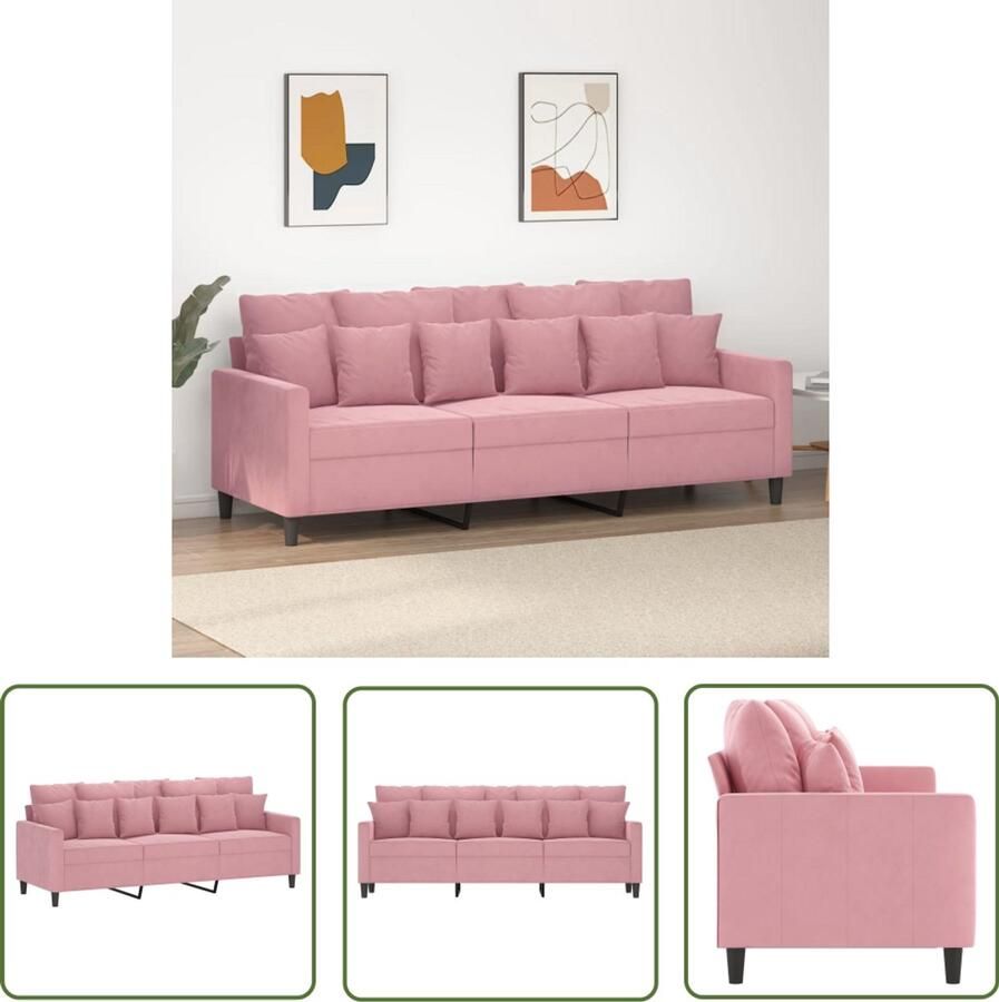 The Living Store Driezitsbank 180 cm fluweel roze Drie Zits Bank Fluweel Bank Roze Bank Salontafel Banksofa