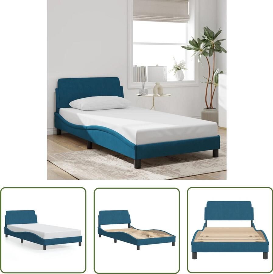 VidaXL Bedframe met hoofdeinde Dover fluweel blauw 100x200 cm Bedframe Fluweel Bed Blauwdruk Bed Tweepersoonsbed King Size Bed