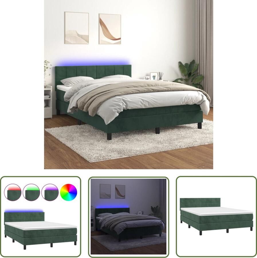 The Living Store Boxspring Bed Donkergroen Fluweel 140x200cm Verstelbaar hoofdbord en kleurrijke LED-verlichting Boxspring Bed Fluweel Bed Elektrisch Verstelbare Bed Led Lampen Slaapcomfort