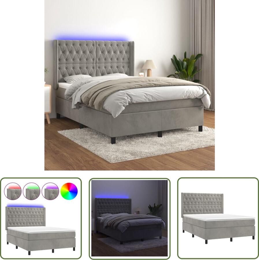 The Living Store Boxspring Bed Fluwelen Stof Verstelbaar Hoofdbord LED Verlichting Pocketvering Matras Huidvriendelijk Topmatras 140x200cm Boxspring Bed Fluweel Bed Elektrisch Bed Adjustable Bed Led Bed