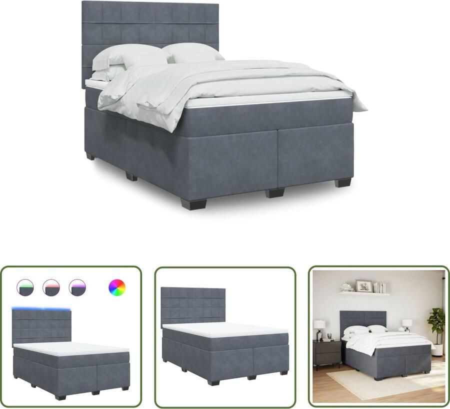 The Living Store Bedframe Boxspring 140 x 190 x 140.5 150.5 cm Fluweel LED Hoofdbord Boxspring Bed Fluweel Bed Led Hoofdbord Donkere Kleur Bed Tweepersoons Bed