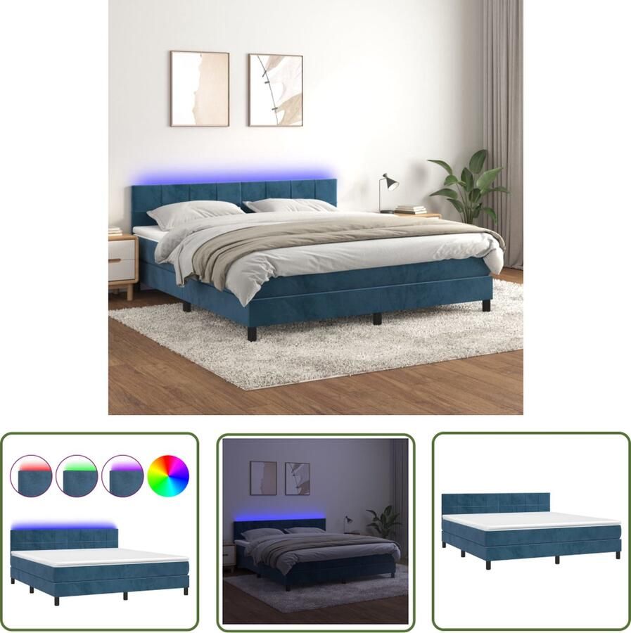 The Living Store Boxspring met matras en LED fluweel donkerblauw 160x200 cm Boxspring Fluweel Bed Donkere Kleuren Bed Led Bed Tweepersoons Bed