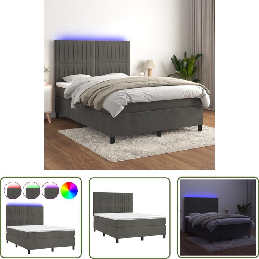 The Living Store Boxspring Zacht fluweel Praktisch hoofdbord Kleurrijke LED-verlichting Pocketvering matras Huidvriendelijk topmatras 193x144x118 128 cm donkergrijs 100% polyester