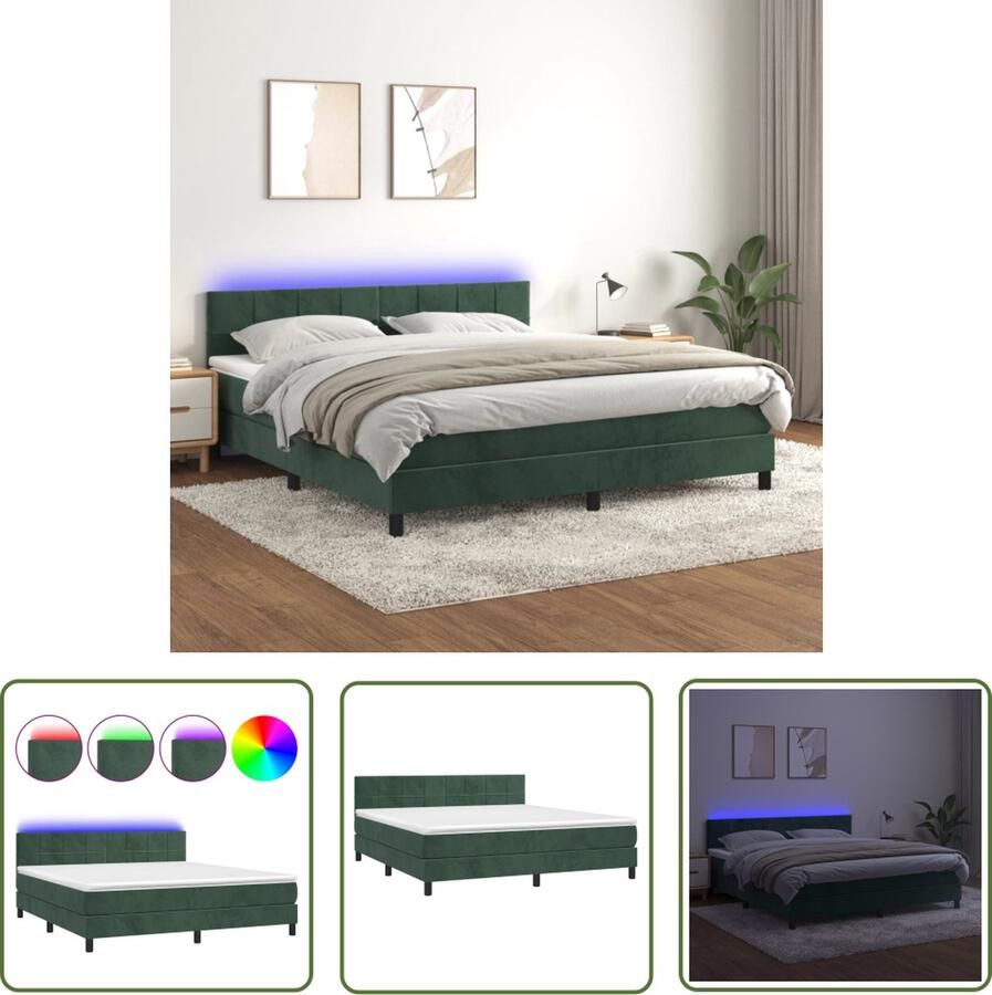 The Living Store Boxspring met matras en LED fluweel donkergroen 180x200 cm Boxspring Fluweel Bed Led Bed Tweepersoons Bed Donkere Kamer Decoratie