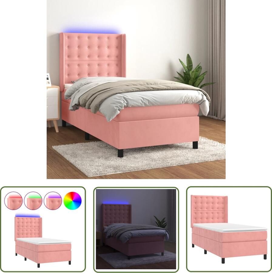 The Living Store Boxspring Roze fluweel 193x90x118 128 cm LED-verlichting Boxspring Fluweel Bed Roze Bed Led Bed Slaapcomfort
