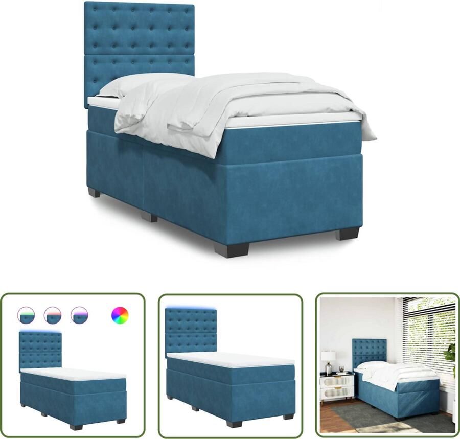 VidaXL Boxspring met matras fluweel blauw 90x190 cm Boxspring Fluweel Bed Slaapcomfort Nachtlamp Led Verlichting