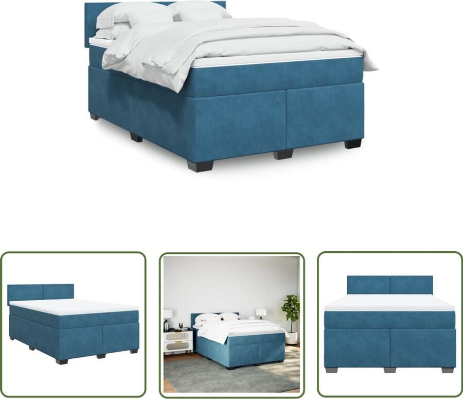 VidaXL Boxspring met matras fluweel donkerblauw 140x200 cm Boxspring Fluweel Bed Donkere Kleur Bed Tweepersoons Bed Matras