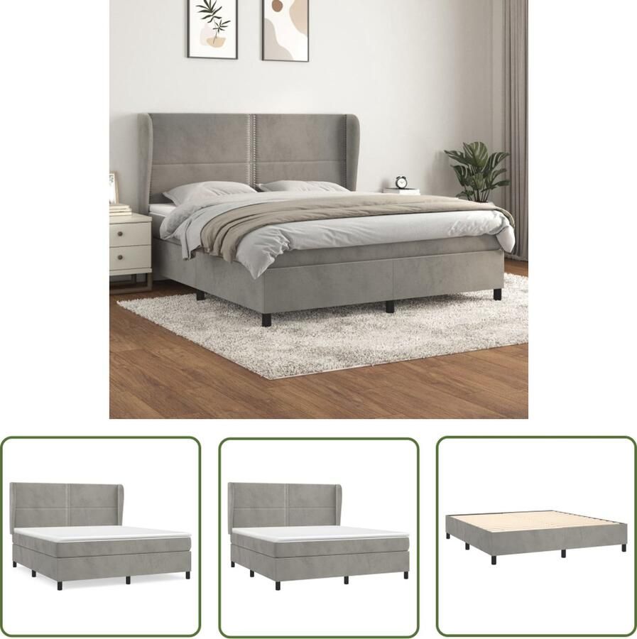 The Living Store Boxspringbed fluweel 203 x 183 x 118 128 cm Pocketvering matras Middelharde ondersteuning Huidvriendelijk topmatras Lichtgrijs Boxspring Fluweel Bed Tweepersoonsbed King Size Bed Grijs Bed