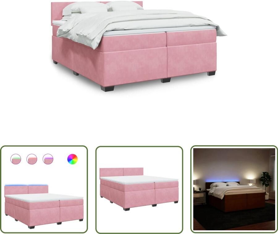 VidaXL Fluweel Bed Boxspring met matras fluweel roze 200x200 cm Rozepofdel Tweepersoonsbed Led Verlichting