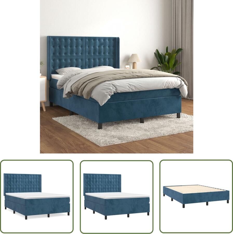 The Living Store Boxspringbed Fluweel Donkerblauw 203 x 147 x 118 128 cm Pocketvering Middelhard Boxspringbed Fluweel Bed Donkere Kleuren Bed Tweepersoonsbed Pocketed Veren Matras