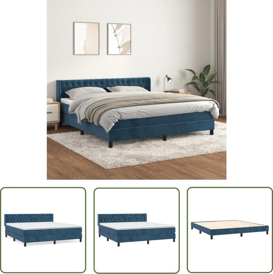The Living Store Boxspringbed Donkerblauw 203 x 160 x 118 128 cm Fluweel Hoofdbord Pocketvering Middelharde ondersteuning Huidvriendelijk topmatras 1 x bedframe 1 x hoofdeind 1 x matras 1 x topmatras - Foto 2