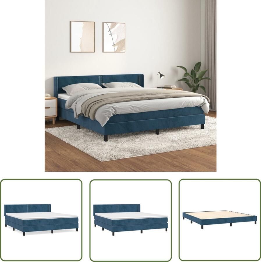 The Living Store Boxspringbed donkerblauwe fluwelen stof 160 x 200 cm pocketvering matras middelharde ondersteuning huidvriendelijk topmatras Boxspringbed Fluweel Bed Donkere Blauwe Bed Tweepersoons Bed Boxspring