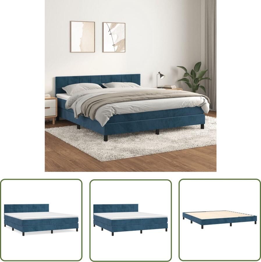 The Living Store Boxspringbed Zacht fluweel Praktisch hoofdbord Pocketvering ma Middelharde ondersteuning Huidvriendelijk topmatras Donkerblauw 203x160x78 88 cm