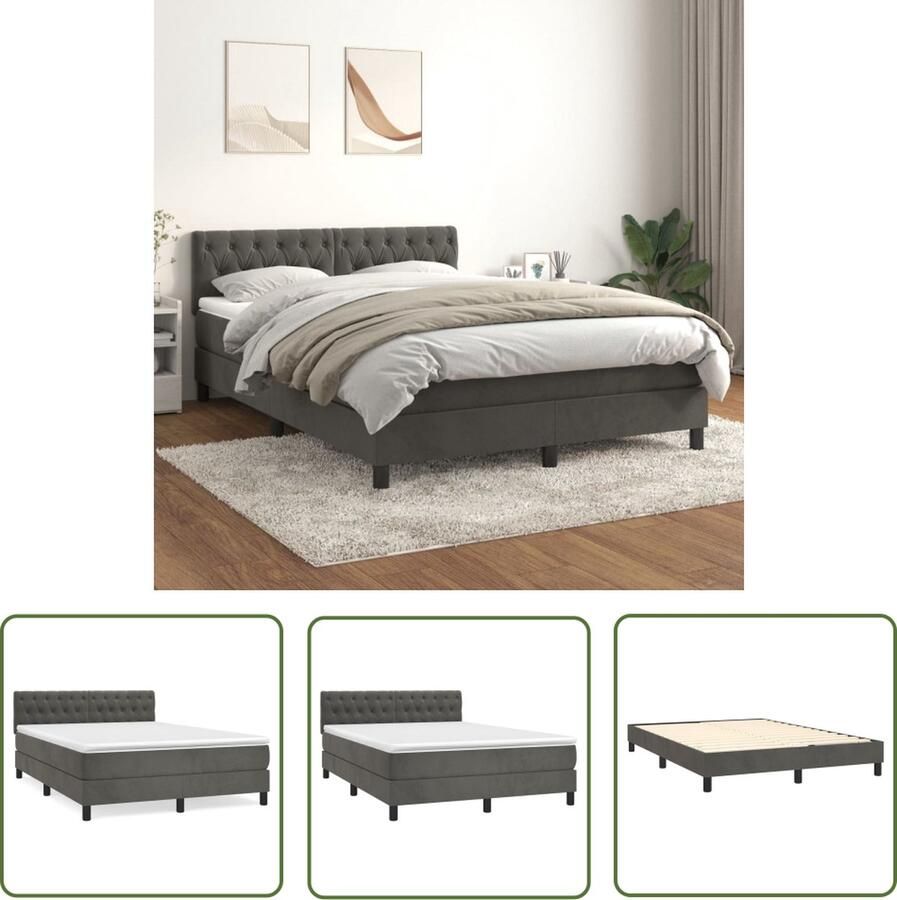 The Living Store Boxspringbed fluweel pocketvering middelharde ondersteuning donkergrijs 193x144x78 88 cm Boxspringbed Fluweel Bed Donkere Kleuren Bed Tweepersoons Bed Boxspring Frame