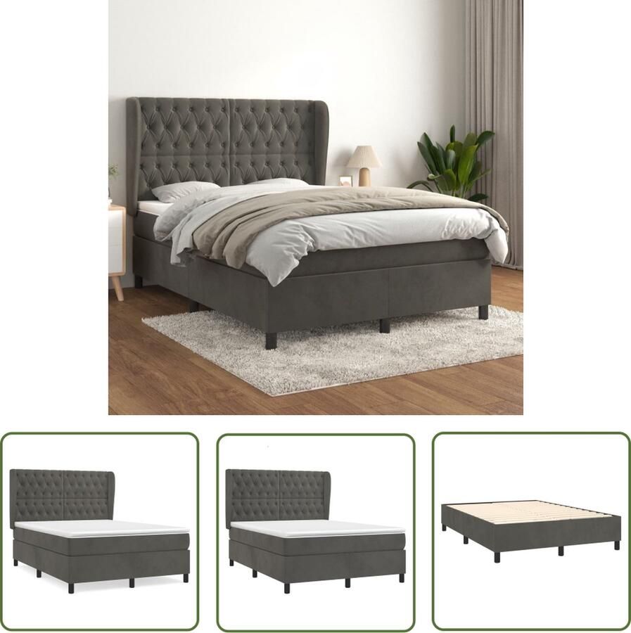 The Living Store Boxspringbed Zacht fluweel Praktisch hoofdbord Pocketvering matras Middelharde ondersteuning Huidvriendelijk topmatras Donkergrijs 193x147x118 128 cm 140x190x20 cm 140x190x5 cm