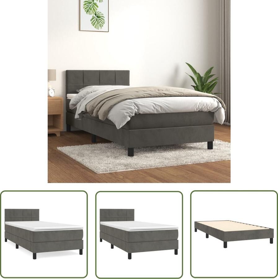 The Living Store Bedframe Pocketvering 193 x 90 x 78 88 cm Donkergrijs Fluweel Middelharde ondersteuning Boxspringbed Tweepersoonsbed Donkere Kleuren Velvet Bed Pocketveer Matras