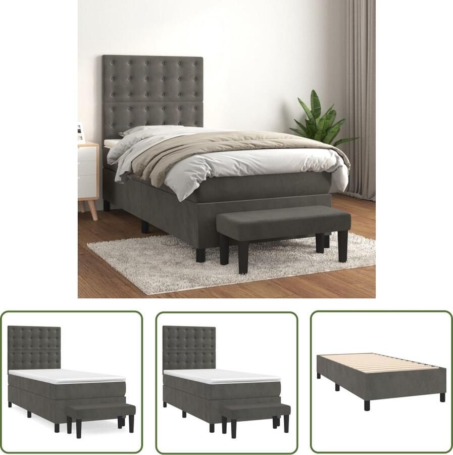 The Living Store Boxspringbed Fluweel Pocketvering Middelharde ondersteuning Huidvriendelijk Donkergrijs 193x90x118 128 cm Boxspringbed Fluweel Bed Donkere Kleuren Tweepersoonsbed Pocketveer Matras - Foto 2