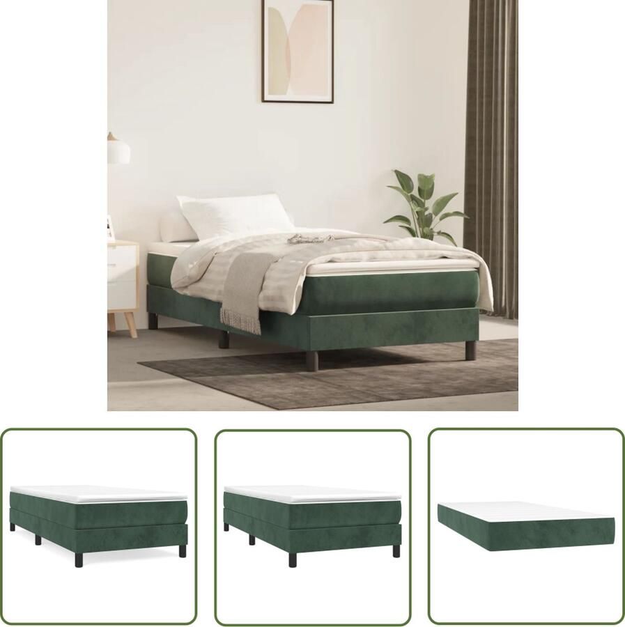 The Living Store Boxspringbed Fluweel Pocketvering Middelharde ondersteuning Huidvriendelijk Multiplex lattenbodem Donkergroen 203x80x25 cm Wit en donkergroen 80x200x20 cm Wit 80x200x5 cm 1x bedframe 1x matras 1x topmatras