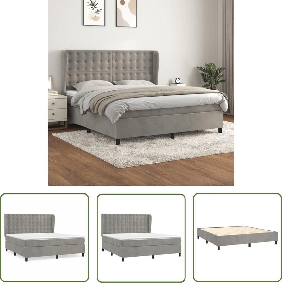 The Living Store Boxspringbed Lichtgrijs fluweel 203x163x118 128 cm Pocketvering matras Middelharde ondersteuning Huidvriendelijk topmatras Boxspringbed Fluweel Bed Tweepersoons Bed King Size Bed Boxspring Frame