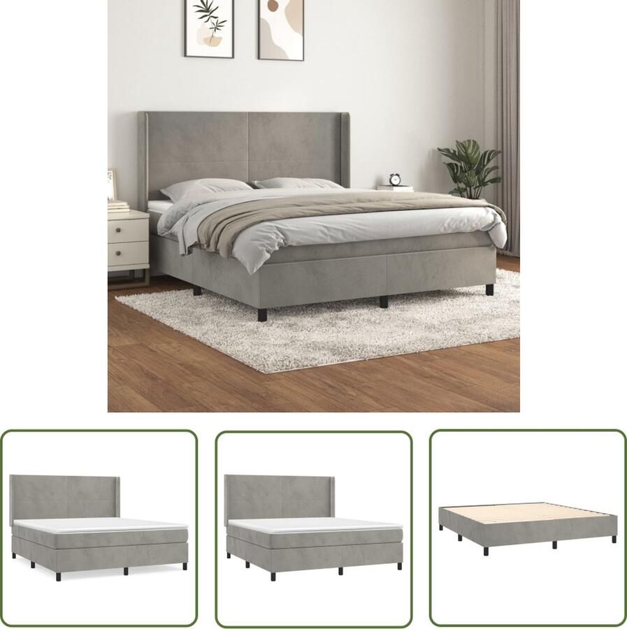 The Living Store Boxspringbed fluweel pocketvering middelharde ondersteuning huidvriendelijk lichtgrijs 203x163x118 128 cm incl matras en topmatras Boxspringbed Fluweel Bed Tweepersoonsbed Pocketveer Matras Middenhard Matras