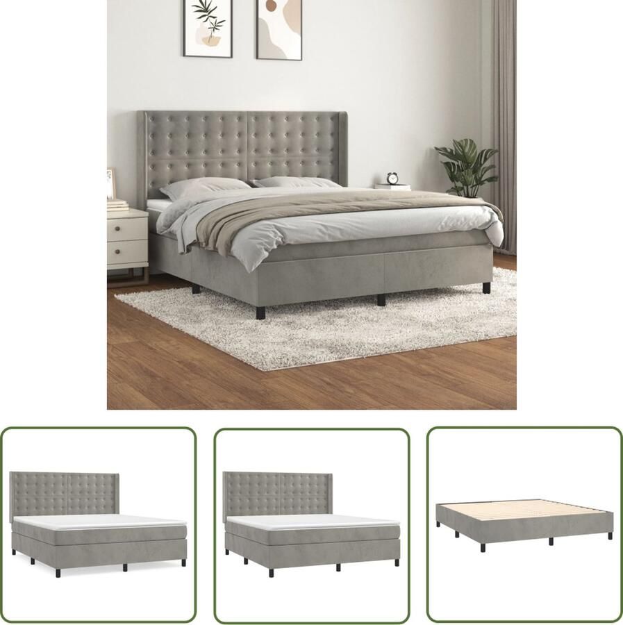 The Living Store Boxspringbed Zacht fluweel Hoofdbord verstelbaar Pocketvering matras Middelharde ondersteuning Huidvriendelijk 203 x 183 x 118 128 cm Kleur- lichtgrijs