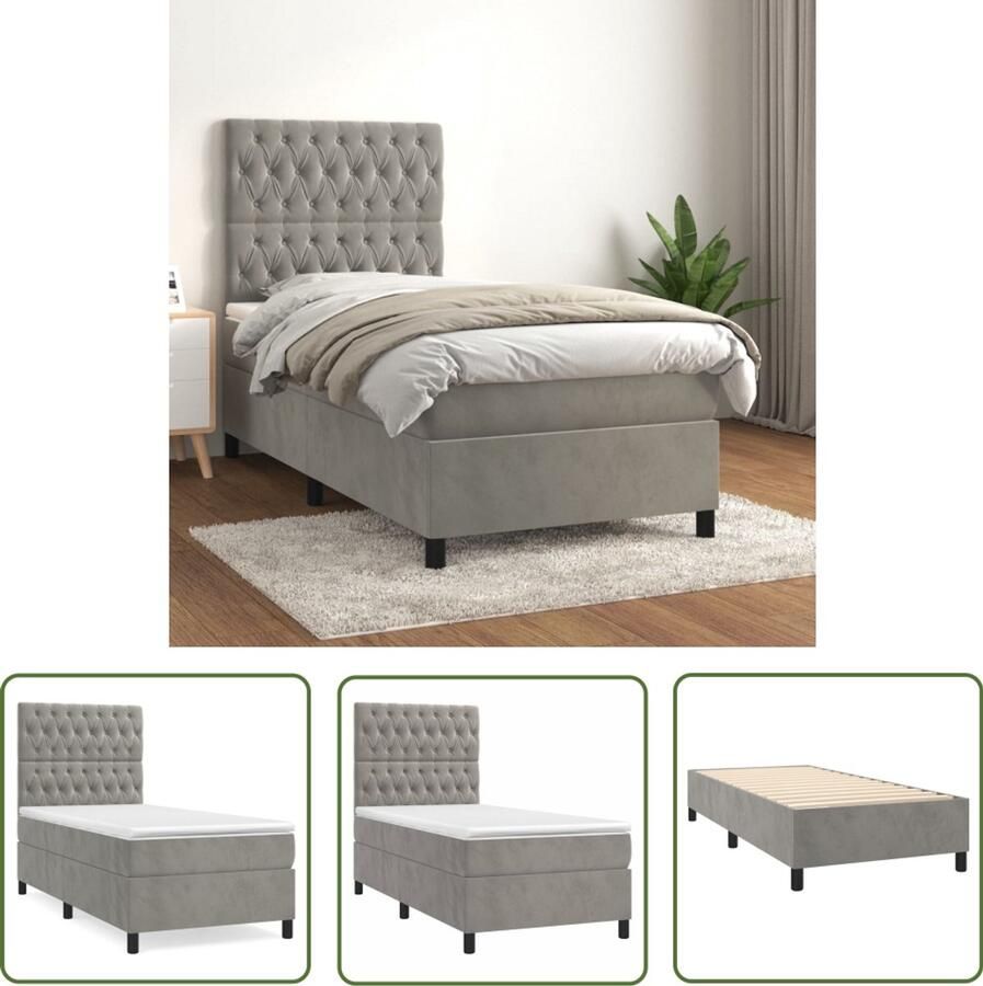 The Living Store Boxspring met matras fluweel lichtgrijs 90x190 cm Boxspringbed Fluweel Bed Pocketvering Matras Middelharde Matras Grijs Bed