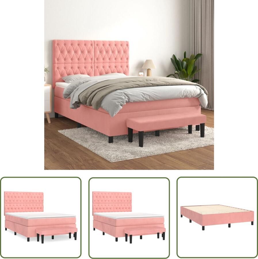 The Living Store Boxspringbed Pocketveringmatras Fluweel Middelharde ondersteuning Huidvriendelijk topmatras Multifunctioneel bankje Roze 193x144x118 128 cm
