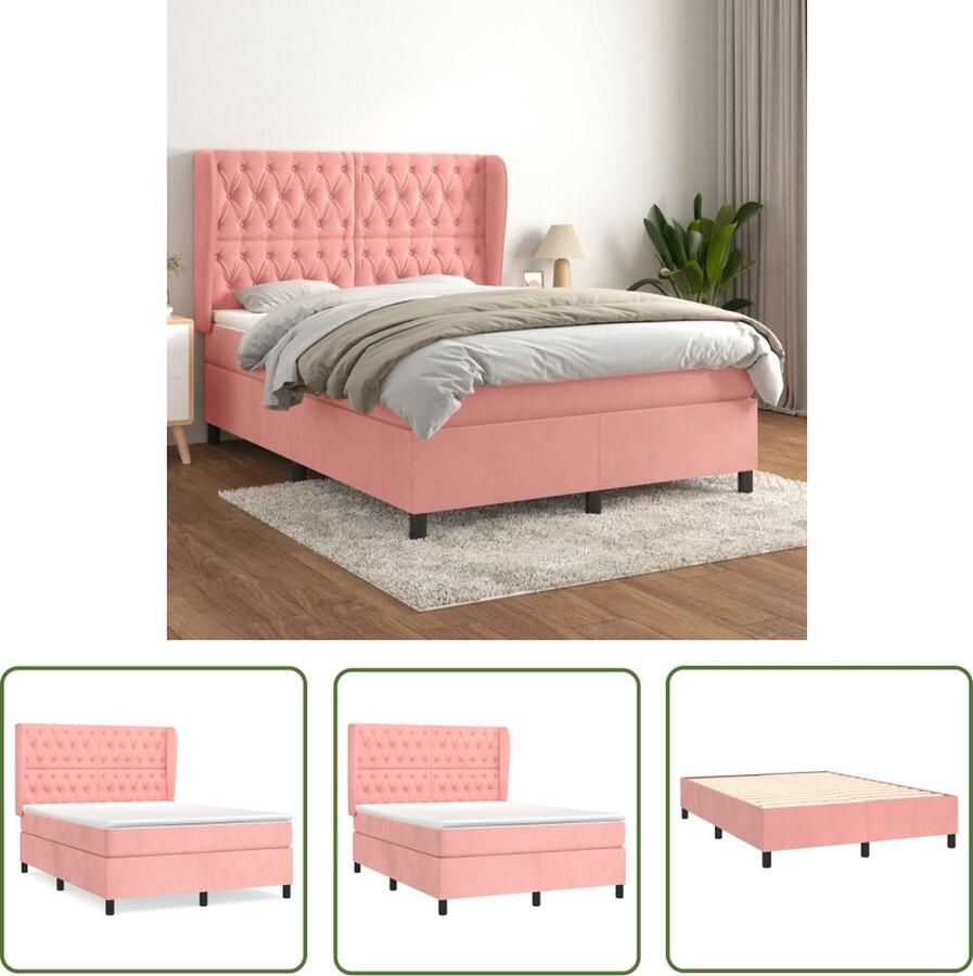 The Living Store Boxspringbed fluweel roze 193 x 147 x 118 128 cm pocketvering-matras Boxspringbed Fluweel Bed Roze Bed Tweepersoonsbed Boxspring Frame