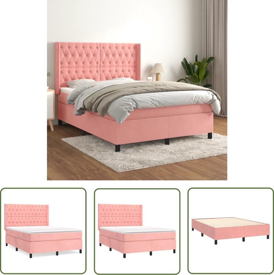 The Living Store Boxspringbed Bed 193 x 147 x 118 128 cm fluweel roze pocketvering matras Boxspringbed Fluweel Bed Roze Bed Tweepersoons Bed King Size Bed